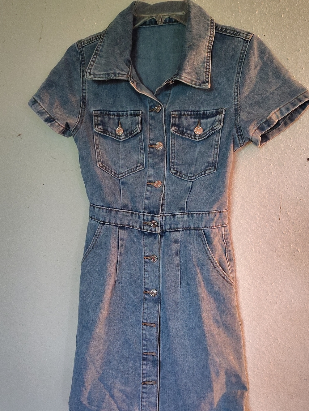 Classic Blue Denim Midi Dress with Button Front